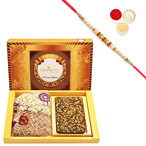 Ghasitaram Gifts Rakhi Gifts for Brothers Rakhi Chocolate Big Box of Walnut Chocolate Bark, Almonds and Cashews Pouch with Pearl Rakhi von Ghasitaram Gifts