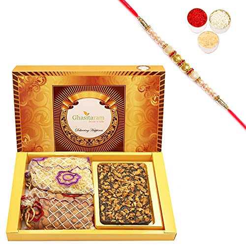 Ghasitaram Gifts Rakhi Gifts for Brothers Rakhi Chocolate Big Box of Walnut Chocolate Bark, Almonds and Namkeen Pouch with Pearl Rakhi von Ghasitaram Gifts