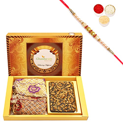 Ghasitaram Gifts Rakhi Gifts for Brothers Rakhi Chocolate Big Box of Walnut Chocolate Bark, Almonds and Namkeen Pouch with Pearl Rakhi Ghasitaram Gifts Rakhi Gifts for Brothers Rakhi Chocolate Big Box of Walnut Chocolate Bark, Almonds and Namkeen Pouch with Pearl Rakhi von Ghasitaram Gifts