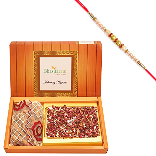 Ghasitaram Gifts Rakhi Gifts for Brothers Rakhi Chocolate Big Box of Walnut Chocolate Bark, Almonds and NuttiesPouch with Pearl Rakhi von Ghasitaram Gifts