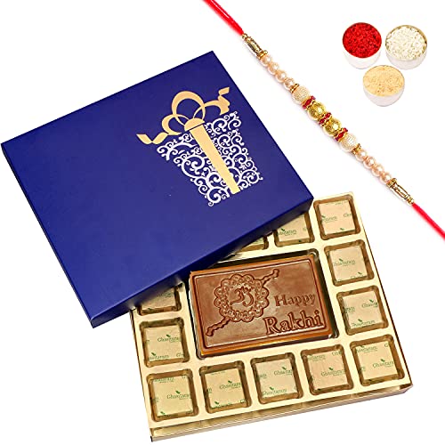 Ghasitaram Gifts Rakhi Gifts for Brothers Rakhi Chocolate Blue Happy Rakhi Chocolate Box Big with Pearl Rakhi von Ghasitaram Gifts