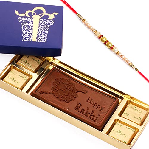 Ghasitaram Gifts Rakhi Gifts for Brothers Rakhi Chocolate Blue Happy Rakhi Chocolate Box Small with Pearl Rakhi von Ghasitaram Gifts