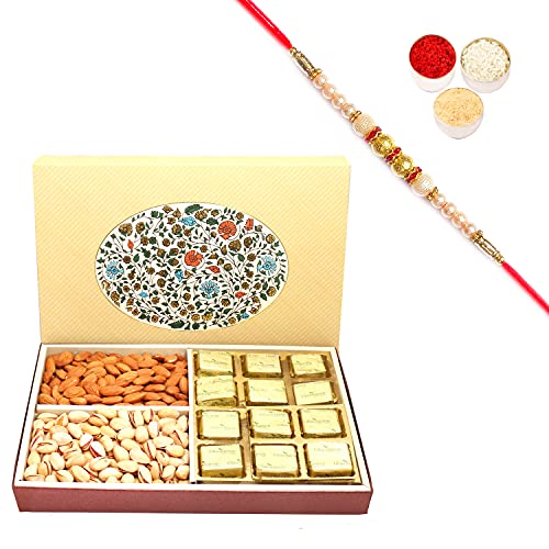 Ghasitaram Gifts Rakhi Gifts for Brothers Rakhi Chocolate Eco 4 Part Print 12 Pcs Chocolates,Almonds and Pistachios Hamper Box with Pearl Rakhi von Ghasitaram Gifts