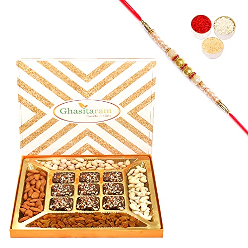 Ghasitaram Gifts Rakhi Gifts for Brothers Rakhi Chocolate Ghasitaram Special Dryfruits and 9 pcs English Brittle Chocolate Box with Pearl Rakhi von Ghasitaram Gifts