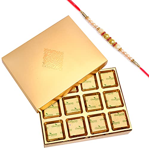 Ghasitaram Gifts Rakhi Gifts for Brothers Rakhi Chocolate Golden 12 pcs Roasted Almond Chocolate Box with Pearl Rakhi von Ghasitaram Gifts