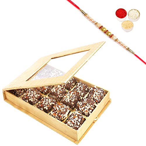 Ghasitaram Gifts Rakhi Gifts for Brothers Rakhi Chocolate Golden Leather Finish 15 pcs English Brittles Chocolates Box with Pearl Rakhi von Ghasitaram Gifts