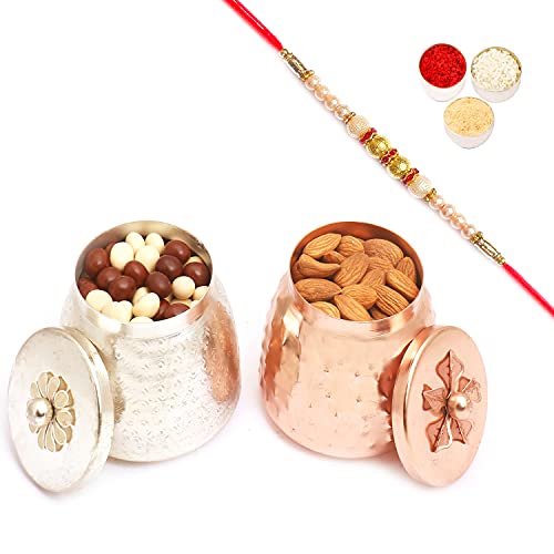 Ghasitaram Gifts Rakhi Gifts for Brothers Rakhi Chocolate Metal Almonds and Nutties Barnis with Pearl Rakhi von Ghasitaram Gifts