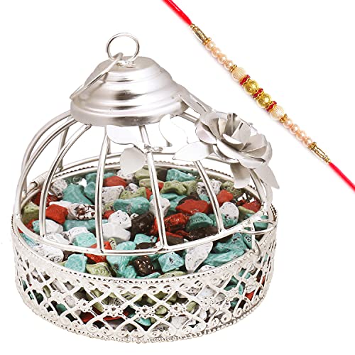 Ghasitaram Gifts Rakhi Gifts for Brothers Rakhi Chocolate Silver Stone Chocolate Cage with Pearl Rakhi von Ghasitaram Gifts