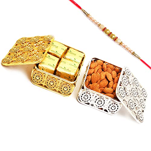 Ghasitaram Gifts Rakhi Gifts for Brothers Rakhi Chocolate Silver and Gold Almonds and Chocolate Boxes with Pearl Rakhi von Ghasitaram Gifts
