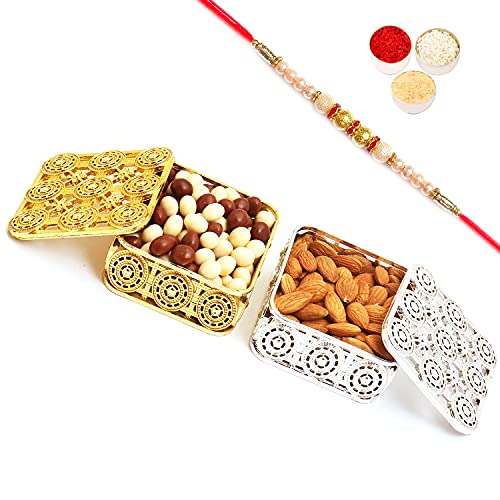 Ghasitaram Gifts Rakhi Gifts for Brothers Rakhi Chocolate Silver and Gold Almonds and Nutties Boxes with Pearl Rakhi von Ghasitaram Gifts