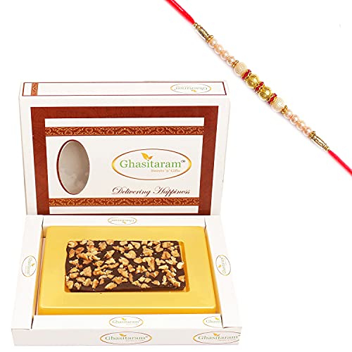 Ghasitaram Gifts Rakhi Gifts for Brothers Rakhi Chocolate Walnut Chocolate Bark Small with Pearl Rakhi von Ghasitaram Gifts