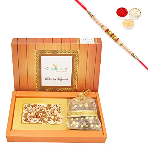 Ghasitaram Gifts Rakhi Gifts for Brothers Rakhi Chocolate White Dryfruit Chocolate Bark Small with Nutties with Pearl Rakhi von Ghasitaram Gifts