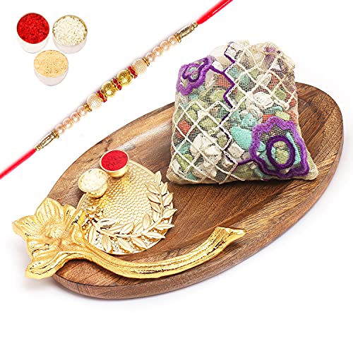 Ghasitaram Gifts Rakhi Gifts for Brothers Rakhi Chocolate Wooden Platter with Pooja Thali and Stone Chocolate Pouch with Pearl Rakhi von Ghasitaram Gifts