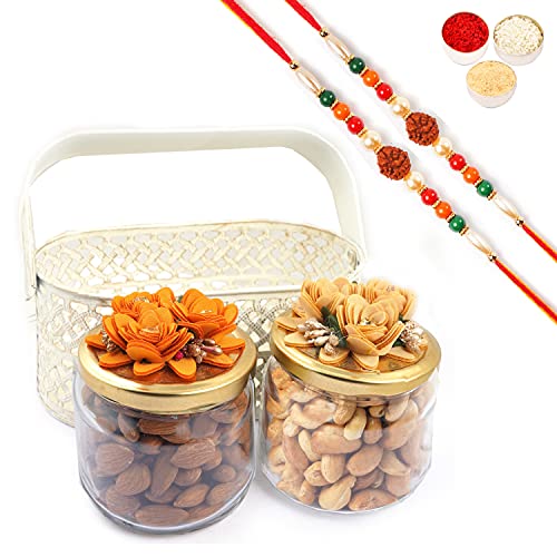 Ghasitaram Gifts Rakhi Gifts for Brothers Rakhi Dryfruit Hampers - 2 Jar Metal Basket of Roasted Almonds and Roasted Cashews with 2 Rudraksh rakhis von Ghasitaram Gifts