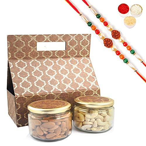Ghasitaram Gifts Rakhi Gifts for Brothers Rakhi Dryfruit Hampers - 2 Jars Bag Box of Almonds and Cashews with 2 Rudraksh rakhis von Ghasitaram Gifts