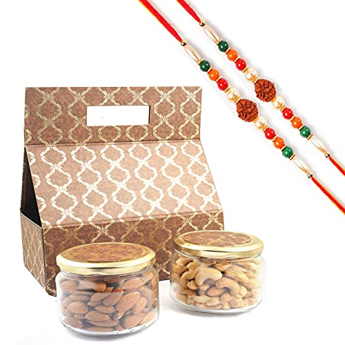 Ghasitaram Gifts Rakhi Gifts for Brothers Rakhi Dryfruit Hampers - 2 Jars Bag Box of Roasted Almonds and Roasted Cashews with 2 Rudraksh rakhis von Ghasitaram Gifts