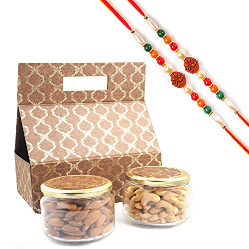 Ghasitaram Gifts Rakhi Gifts for Brothers Rakhi Dryfruit Hampers - 2 Jars Bag Box of Roasted Almonds and Roasted Cashews with 2 Rudraksh rakhis Ghasitaram Gifts Rakhi Gifts for Brothers Rakhi Dryfruit Hampers - 2 Jars Bag Box of Roasted Almonds and Roasted Cashews with 2 Rudraksh rakhis von Ghasitaram Gifts
