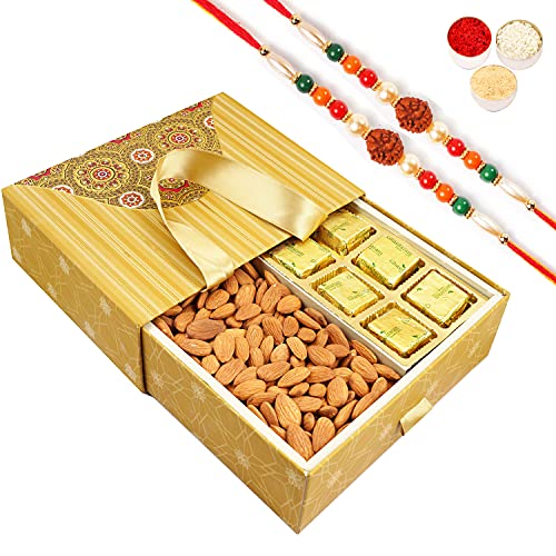 Ghasitaram Gifts Rakhi Gifts for Brothers Rakhi Dryfruit Hampers - Bag Box with Almonds and MEWA Bites with 2 Rudraksh rakhis von Ghasitaram Gifts