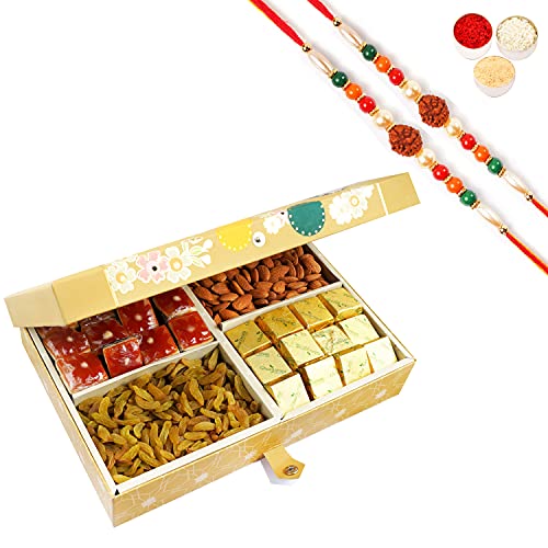 Ghasitaram Gifts Rakhi Gifts for Brothers Rakhi Dryfruit Hampers - Gold 4 Part with Almonds,Raisins, and Assorted Bites 1000 GMS with 2 Rudraksh rakhis Ghasitaram Gifts Rakhi Gifts for Brothers Rakhi Dryfruit Hampers - Gold 4 Part with Almonds,Raisins, and Assorted Bites 1000 GMS with 2 Rudraksh rakhis von Ghasitaram Gifts