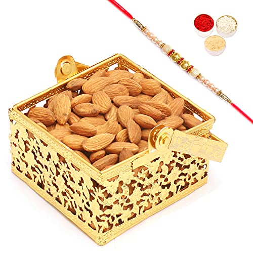 Ghasitaram Gifts Rakhi Gifts for Brothers Rakhi Dryfruit Hampers - Golden Small Almonds Basket with Pearl Rakhi von Ghasitaram Gifts