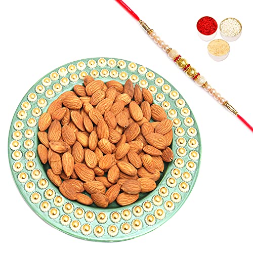 Ghasitaram Gifts Rakhi Gifts for Brothers Rakhi Dryfruit Hampers - Green Metal Almond Thali with Pearl Rakhi von Ghasitaram Gifts