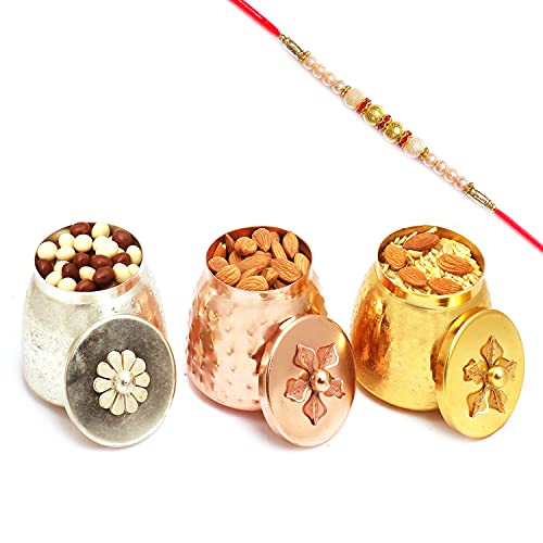 Ghasitaram Gifts Rakhi Gifts for Brothers Rakhi Dryfruit Hampers - Metal Almonds, Nutties and Namkeen Barnis with Pearl Rakhi von Ghasitaram Gifts