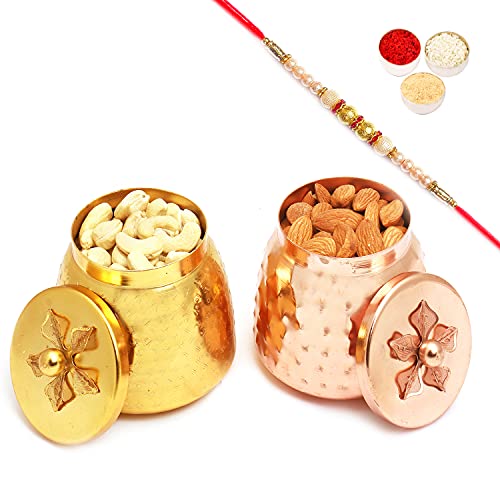 Ghasitaram Gifts Rakhi Gifts for Brothers Rakhi Dryfruit Hampers - Metal Almonds and Cashews Barnis with Pearl Rakhi von Ghasitaram Gifts