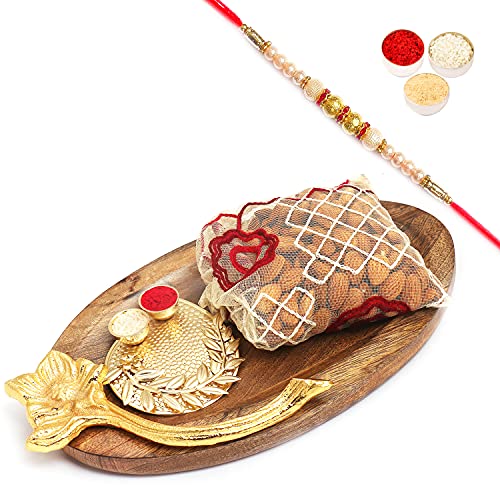 Ghasitaram Gifts Rakhi Gifts for Brothers Rakhi Dryfruit Hampers - Wooden Platter with Pooja Thali and Almonds Pouch with Pearl Rakhi von Ghasitaram Gifts