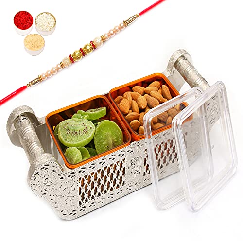 Ghasitaram Gifts Rakhi Gifts for Brothers Rakhi Dryfruit - Set of Two Multipurpose Almonds and Kiwi Airtight Containers Jag with Pearl Rakhi von Ghasitaram Gifts