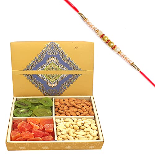 Ghasitaram Gifts Rakhi Gifts for Brothers Rakhi Dryfruits 4 Part Assorted Dryfruits SQ Box with Pearl Rakhii von Ghasitaram Gifts