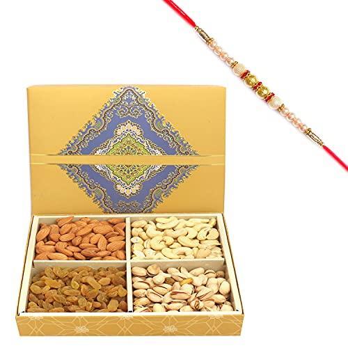 Ghasitaram Gifts Rakhi Gifts for Brothers Rakhi Dryfruits 4 Part Dryfruits SQ Box with Pearl Rakhi with Pearl Rakhi von Ghasitaram Gifts