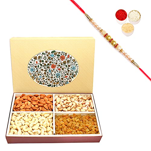 Ghasitaram Gifts Rakhi Gifts for Brothers Rakhi Dryfruits 4 Part Echo Print Dryfruit Box 600 GMS with Pearl Rakhi von Ghasitaram Gifts