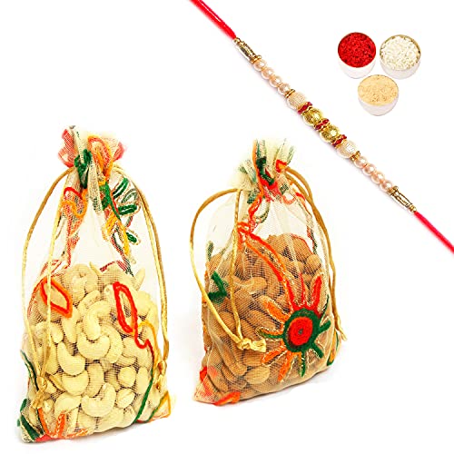 Ghasitaram Gifts Rakhi Gifts for Brothers Rakhi Dryfruits- Almonds Cashews Net Pouch with Pearl Rakhi von Ghasitaram Gifts