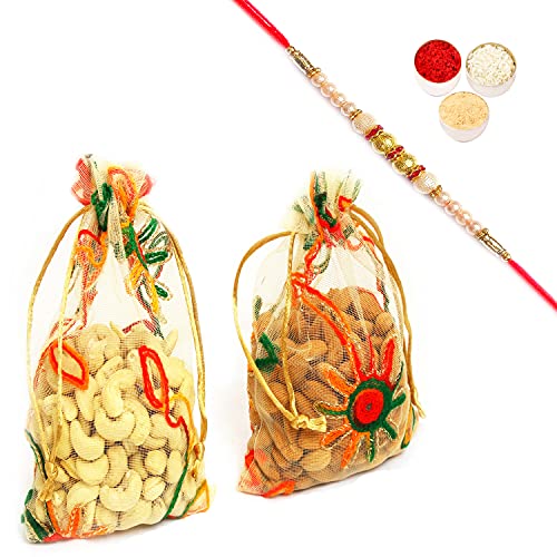 Ghasitaram Gifts Rakhi Gifts for Brothers Rakhi Dryfruits- Almonds Cashews Net Pouch with Pearl Rakhi Ghasitaram Gifts Rakhi Gifts for Brothers Rakhi Dryfruits- Almonds Cashews Net Pouch with Pearl Rakhi von Ghasitaram Gifts