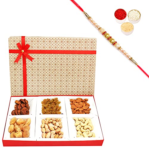 Ghasitaram Gifts Rakhi Gifts for Brothers Rakhi Dryfruits Beige 6 Part Dryfruit Box with Pearl Rakhi von Ghasitaram Gifts
