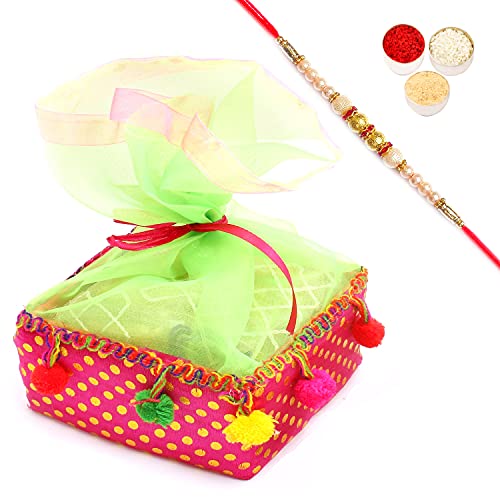 Ghasitaram Gifts Rakhi Gifts for Brothers Rakhi Dryfruits Colourful Almonds Pouch with Pearl Rakhi von Ghasitaram Gifts
