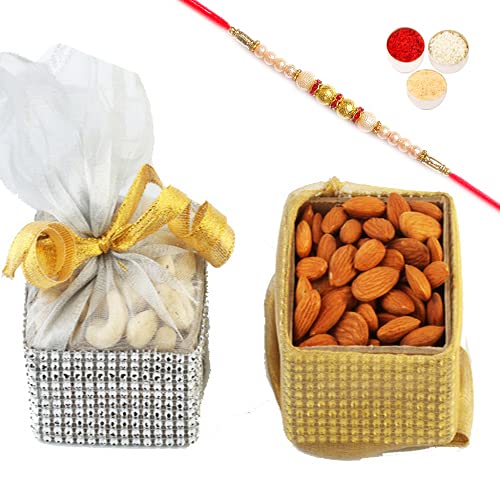 Ghasitaram Gifts Rakhi Gifts for Brothers Rakhi Dryfruits- Dryfruit Pouches with Pearl Rakhi von Ghasitaram Gifts