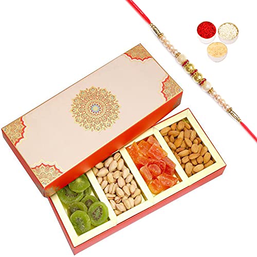 Ghasitaram Gifts Rakhi Gifts for Brothers Rakhi Dryfruits- Fusion 4 Part Almonds, Pistachios, Kiwi and Papaya Box with Pearl Rakhi von Ghasitaram Gifts