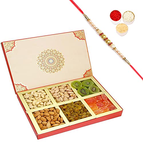Ghasitaram Gifts Rakhi Gifts for Brothers Rakhi Dryfruits - Fusion 6 Part Assorted Dryfruit Box with Pearl Rakhi von Ghasitaram Gifts