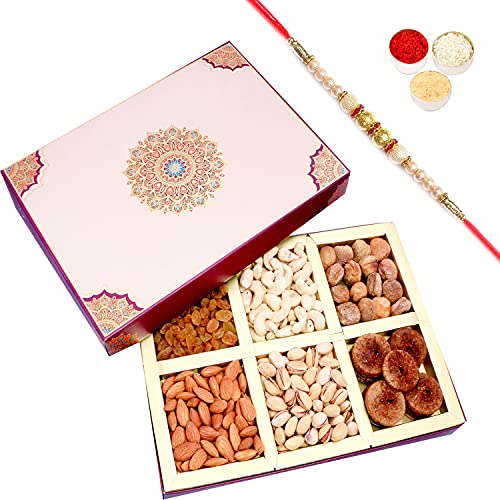 Ghasitaram Gifts Rakhi Gifts for Brothers Rakhi Dryfruits - Fusion 6 Part Dryfruit Box with Red Pearl Rakhi von Ghasitaram Gifts