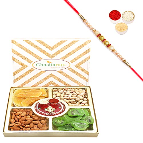 Ghasitaram Gifts Rakhi Gifts for Brothers Rakhi Dryfruits- Ghasitaram Special Almonds, Pistachios, Dried Kiwi and Mango Box with Mini Pooja Thali with Pearl Rakhi von Ghasitaram Gifts