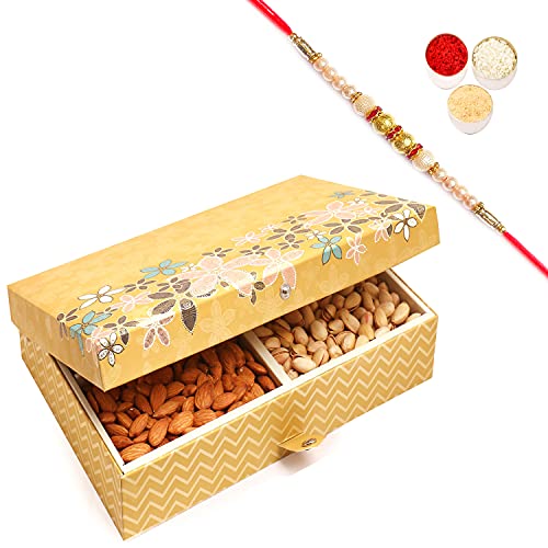 Ghasitaram Gifts Rakhi Gifts for Brothers Rakhi Dryfruits Gold 4 Part Print Dryfruit Box 1000 GMS with Pearl Rakhi von Ghasitaram Gifts