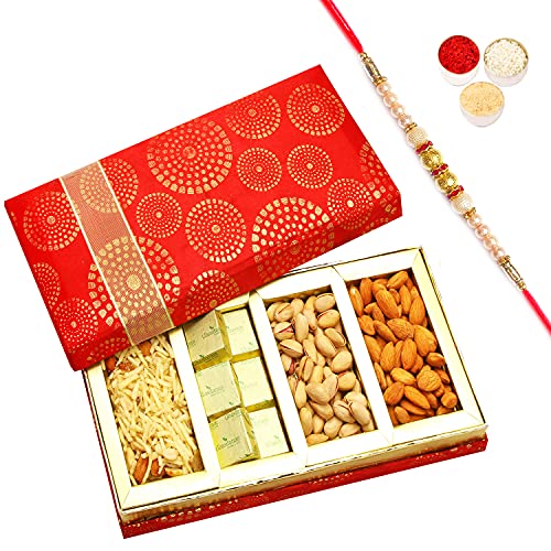 Ghasitaram Gifts Rakhi Gifts for Brothers Rakhi Dryfruits Hamper - Satin 4 Part Almonds, Pistachios, Chocolate and Namkeen Box with Pearl Rakhi von Ghasitaram Gifts