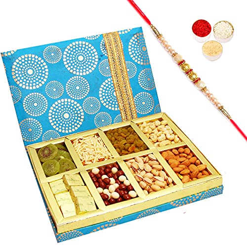 Ghasitaram Gifts Rakhi Gifts for Brothers Rakhi Dryfruits Hamper - Satin 8 Part Hamper Box with Pearl Rakhi von Ghasitaram Gifts