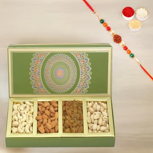 Ghasitaram Gifts Rakhi Gifts for Brothers Rakhi Dryfruits - Long Fusion 4 Part Dryfruit Box with Pearl Rakhi von Ghasitaram Gifts