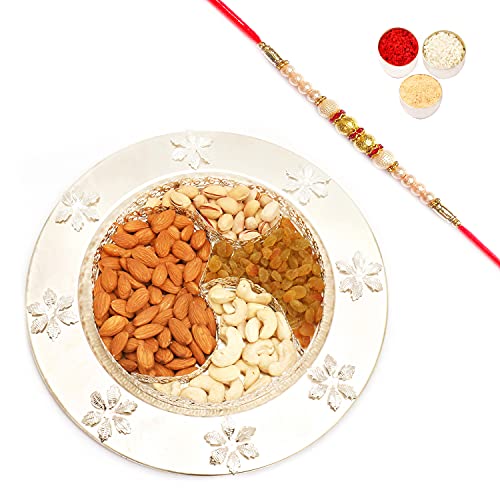 Ghasitaram Gifts Rakhi Gifts for Brothers Rakhi Dryfruits Om dryfruit Thali with Pearl Rakhi von Ghasitaram Gifts