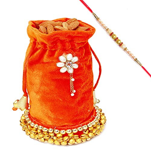 Ghasitaram Gifts Rakhi Gifts for Brothers Rakhi Dryfruits-Orange Velvet Almond Potli with Pearl Rakhi von Ghasitaram Gifts