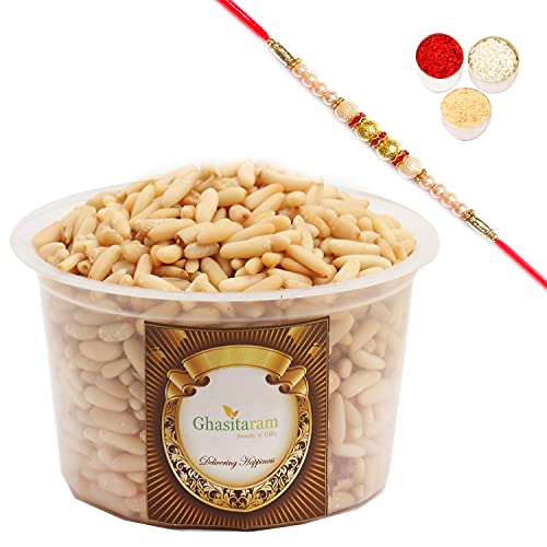 Ghasitaram Gifts Rakhi Gifts for Brothers Rakhi Dryfruits Pine Nuts- Ghasitaram's Pine Nuts Without Shell (Chilgoza) 200 GMS with Pearl Rakhi von Ghasitaram Gifts