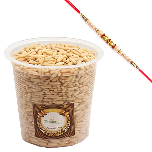 Ghasitaram Gifts Rakhi Gifts for Brothers Rakhi Dryfruits Pine Nuts- Ghasitaram's Pine Nuts Without Shell (Chilgoza) 400 GMS with Pearl Rakhi von Ghasitaram Gifts