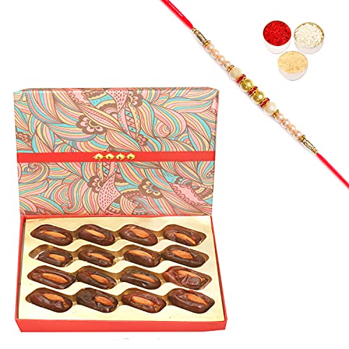 Ghasitaram Gifts Rakhi Gifts for Brothers Rakhi Dryfruits- Pink Print Premium Dates with Almonds Box with Pearl Rakhi Ghasitaram Gifts Rakhi Gifts for Brothers Rakhi Dryfruits- Pink Print Premium Dates with Almonds Box with Pearl Rakhi von Ghasitaram Gifts